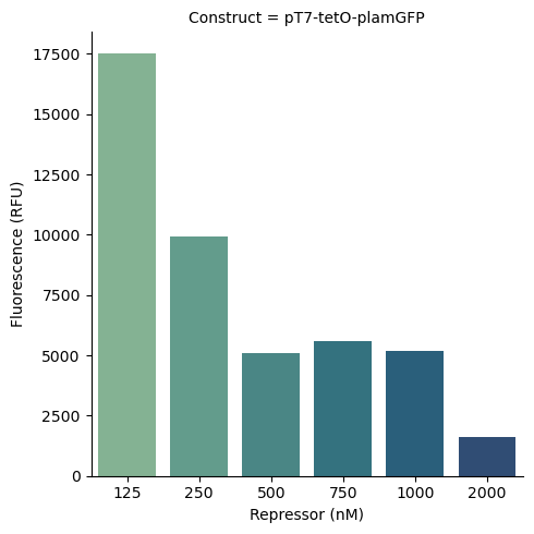 Repression of pT7-tetO-plamGFP by TetR at steady state.