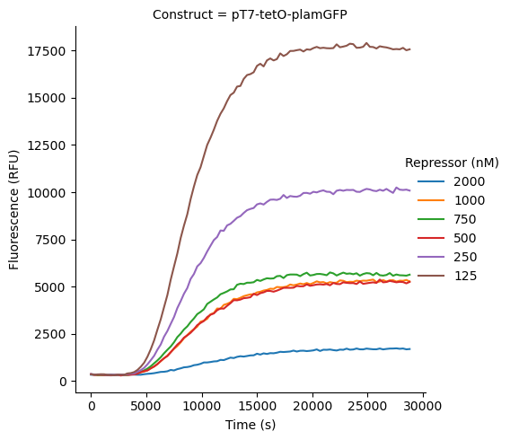 Repression kinetics of pT7-tetO-plamGFP by TetR at varying repressor concentrations.