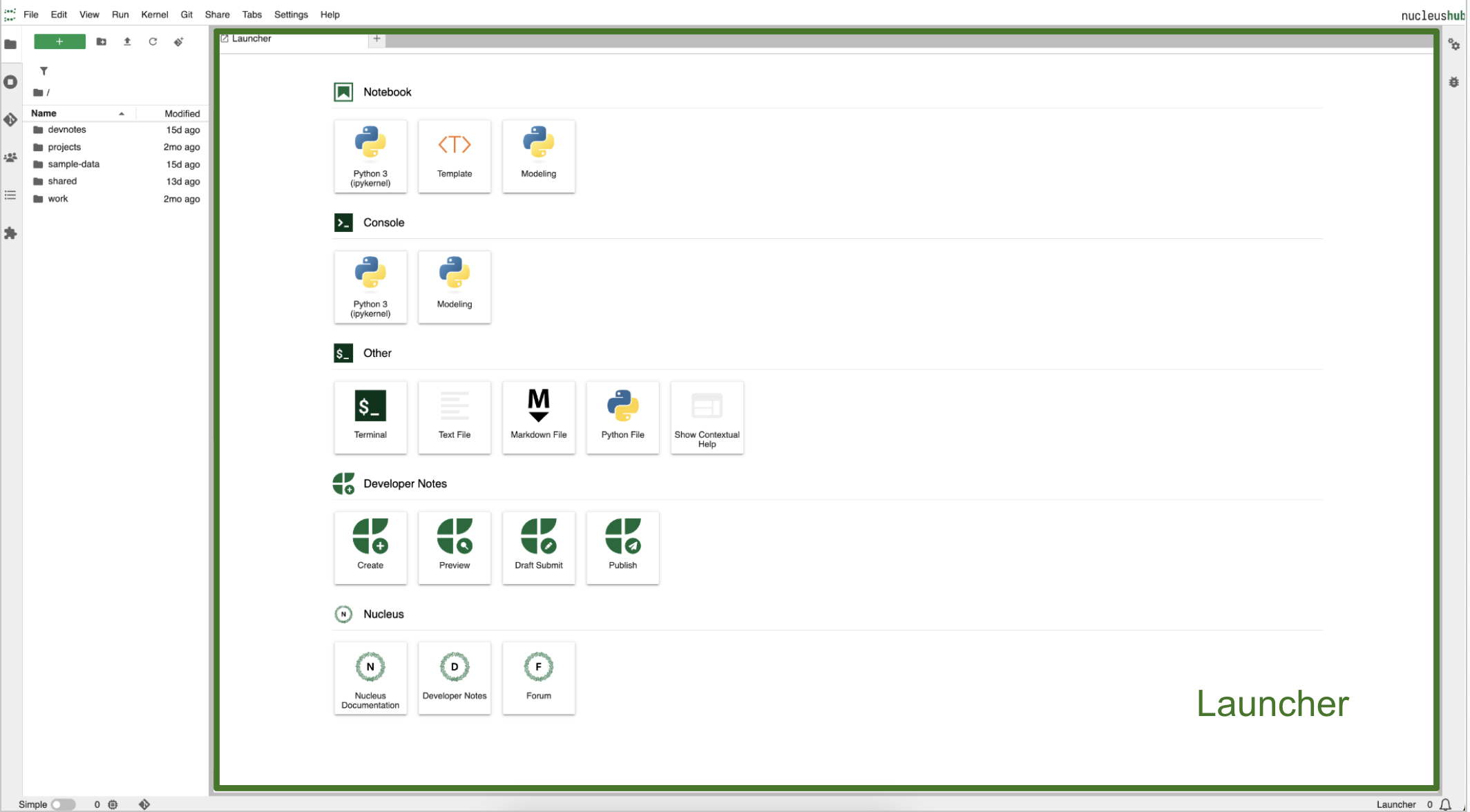 The Launcher allows you quickly start a new activity such as creating a new template notebook or creating a new Developer Note.