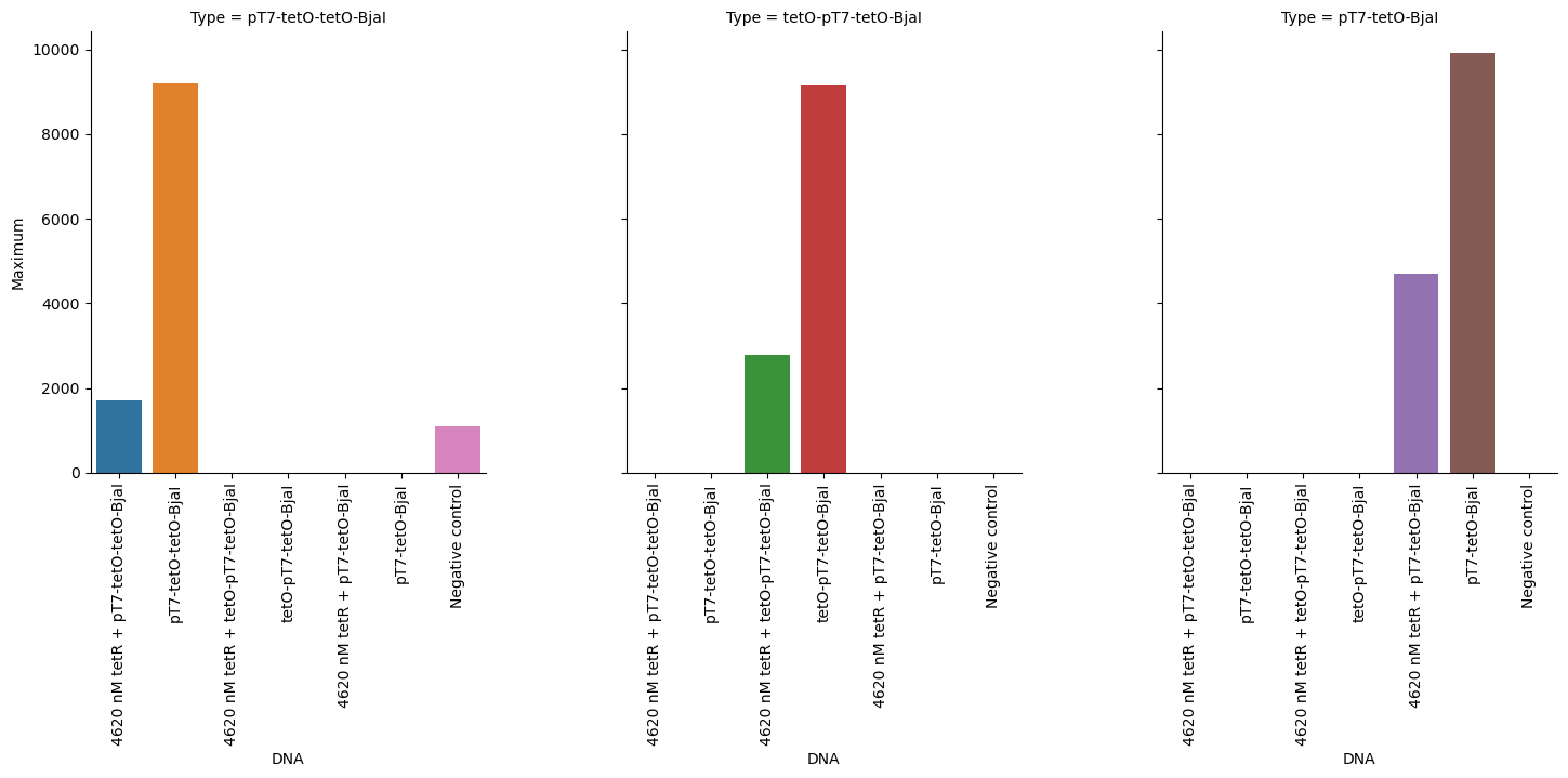 Endpoint GFP expression in E. coli receiver cells for each construct variant with and without TetR repressor.